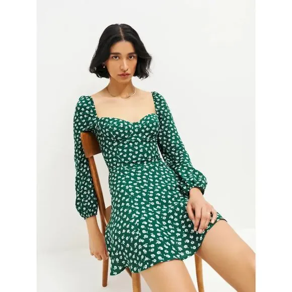 Reformation Mochi Long Sleeve Mini Dress Chive Green & White Floral size 6 NWT - Picture 1 of 13